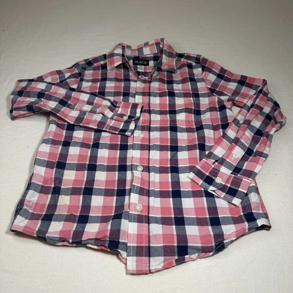 Childrens Place: Boys Long-Sleeve Button-Up Dress Shirt, Pink/Navy Plaid Sz 7/8